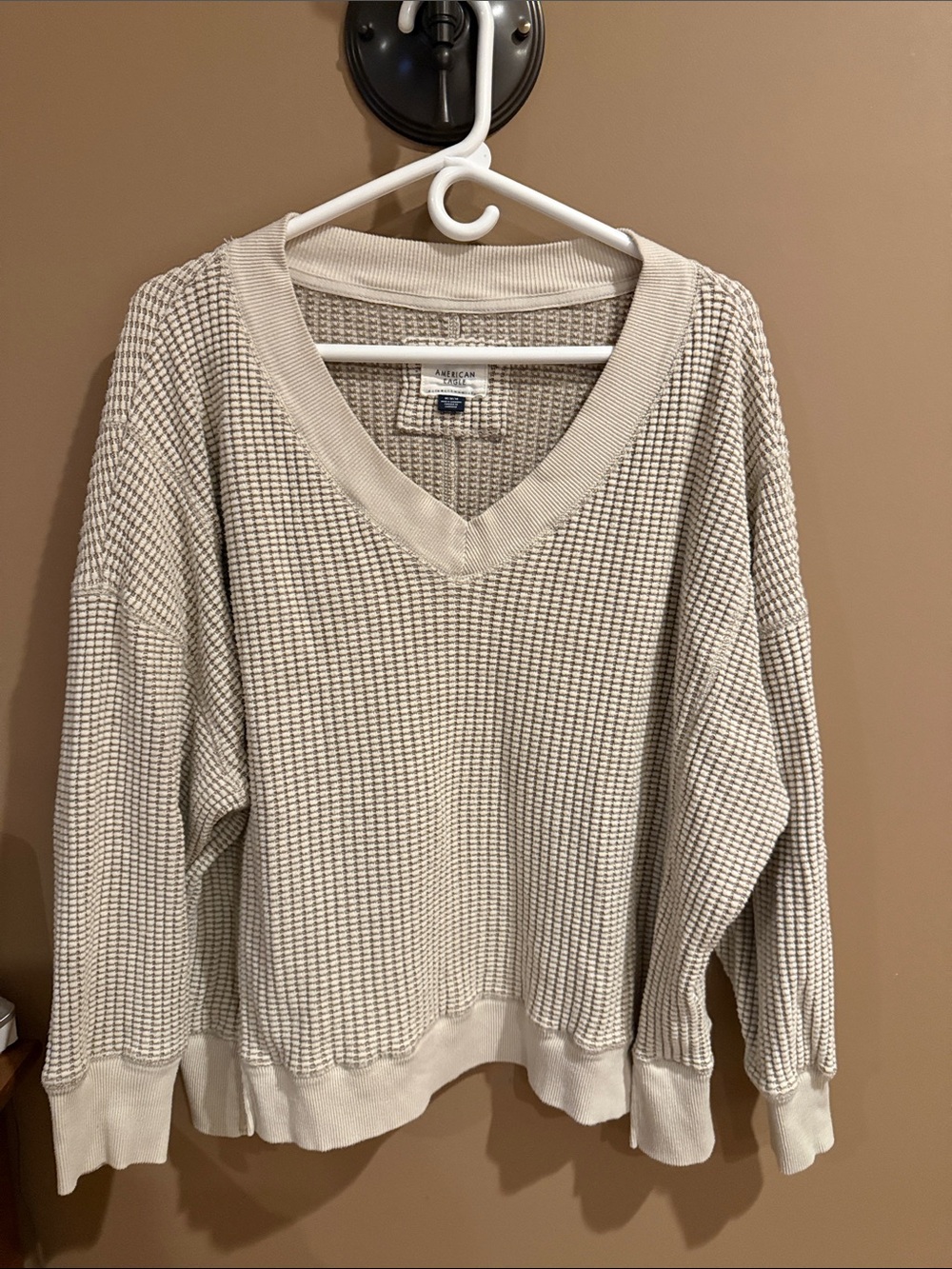 American Eagle Outfitters Cream Waffle V-Neck Sweater
